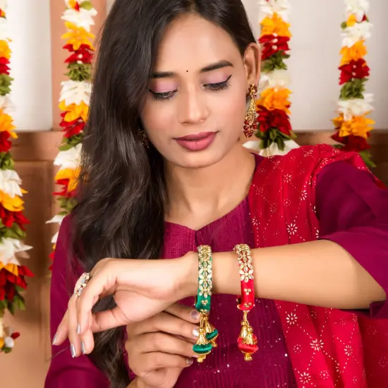 Silk Thread Bangles Designer Kundan Bangle Bracelet Set for Women Ethnic Handmade Beautiful and Stylish Assorted Kangan with Latkan Free Size Fashion Jewelry for Indian Wedding {4}