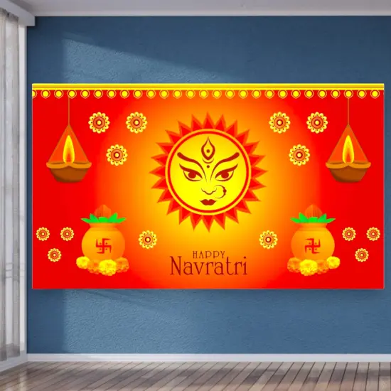 Happy Navratri Banner Indian Traditional Cloth 5x8 Feet Backdrop Indian Navratri Decor Pooja Wall Decor Indian Wall Art Photo Decor Banner Decorative Pooja Cloth Navratri Celebration {5}