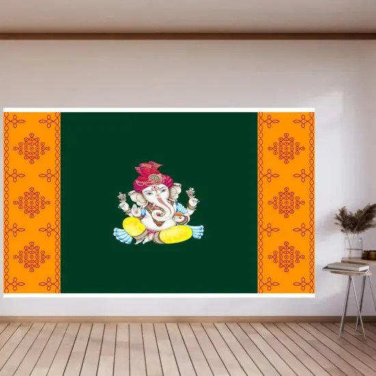 Ganesh with Kolam Design Backdrop 5x8 Feet Indian Traditional Cloth Ganesh Pooja Decor Indian Pooja Wall Decor Indian Wall Art Photo Decor Banner Decorative Pooja Cloth {5}