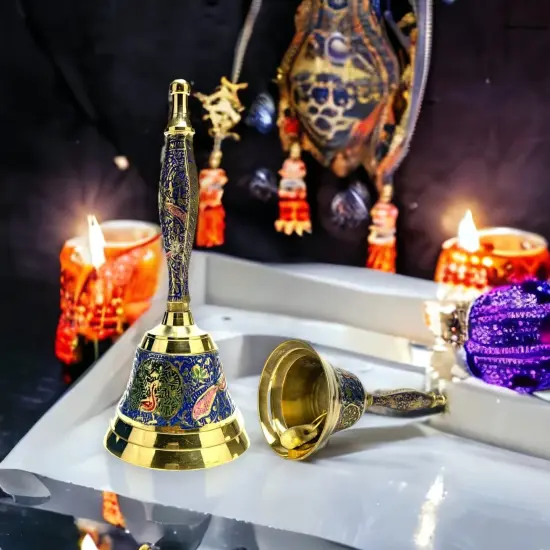 Decorative Peacock Temple Bells Brass Puja Ghanti Hindu Mandir Bell Coloured Pooja Jingle Bells Indian Home Decor Hand Painted Bell Housewarming Gift White {4}