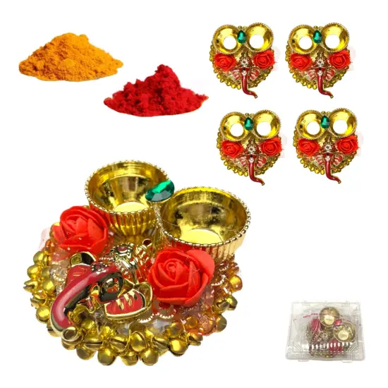 Pack of 4 Ganesha Bulk Haldi Kumkum Thali Holder Pooja Return Gift Indian Housewarming Gifts Haldi Kumkum Holders Roli Chawal Platter Indian Wedding Favor {7}