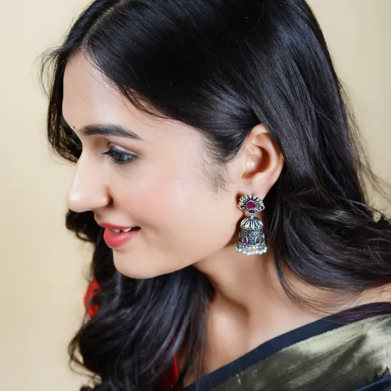 Indian Oxidized Jhumka Earrings for Women - Vintage Indian Jhumki Ethnic Chandbali Earrings Faux Pearls with Oxidized Platting Bollywood Style Dangle Earring Jewelry for Bride Gift for Her GREEN {5}