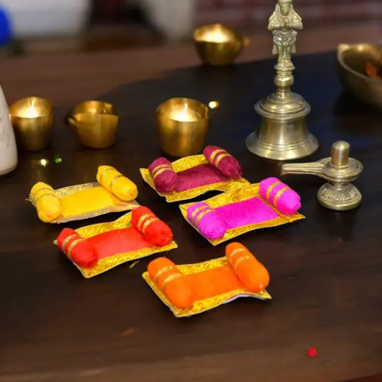 4x Mini Laddu Gopal Velvet Asan Takiya Pillow Set for Lord Ganesha, Krishna, Kanha Ji, Bal Gopal God Goddess Idol Soft Mattress Cushion/gadda Bed Cum Aasan Set (3x2.25 Inch) Yellow {2}