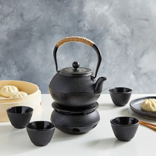 Cast Iron Tea Kettle for Stovetop - Japanese Tea Set with Warmer, Trivet, Infuser and 4 Teacups, Hobnail Design (40 oz, Black, 6 Pieces) {2}