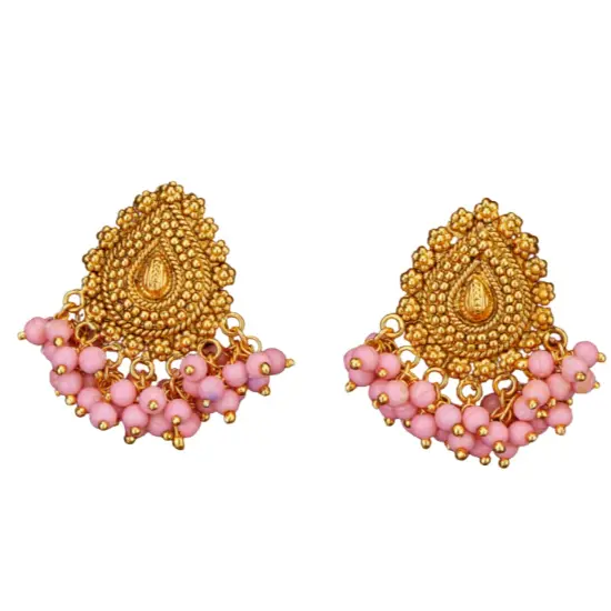 Indian Jhumka Earrings for Women - Indian Jhumki Chandelier Small Tops Earring in Golden Tone Beaded Bollywood Style Dangle Earring Jewelry for Bride | Birthday Gift for Her Pink Pearl {1}