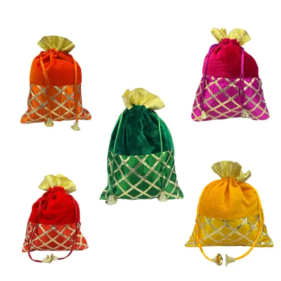 5 Potli Bags, Gifting Bags, Women Velvet Hand Bags, Wedding Return Gifts for Pooja Housewarming Favor Green {4}