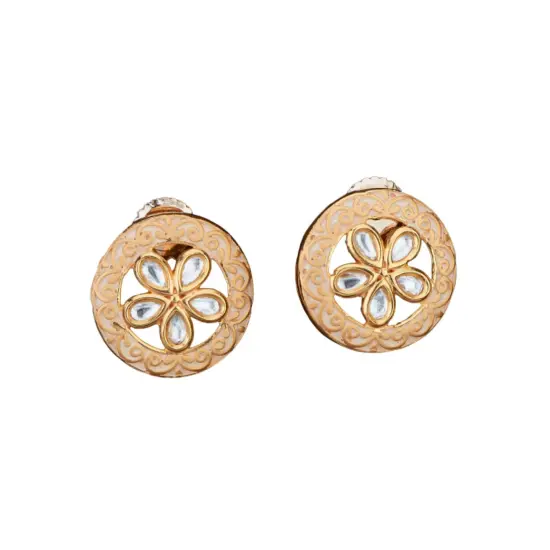 Indian Kundan Stud Earrings for Women - Kundan & Pearl Tassel Round Earrings, Small Tops Earring, Golden Tone Bollywood Style Dangle Earrings, Chandelier Jhumki Jewelry, Bridal Earrings, Gift for Her White {1}