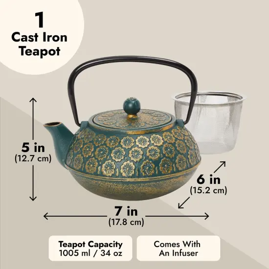 Green Floral Cast Iron Teapot Kettle with Stainless Steel Loose Leaf Infuser (34 oz) {4}