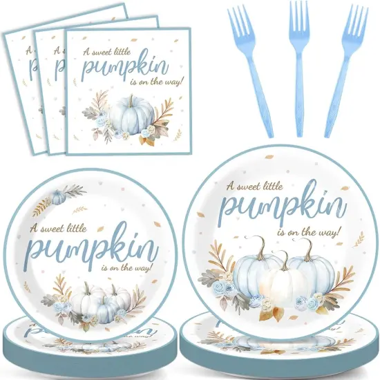 96Pcs Baby Shower Tableware Set &ndash; Blue Fall Little Pumpkin Theme, Serves 24 {1}