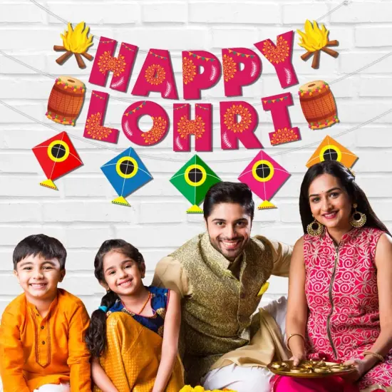 Happy Lohri Banner Lohri Theme Bunting for Decorations Indian Harvest Festival Party Banner Hindu Lohri Celebration Diy Sign with Kite Lohri Backdrop Decorations - Banners for Home Office {1}