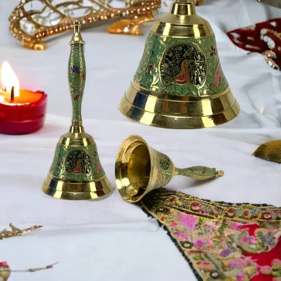 Decorative Peacock Temple Bells Brass Puja Ghanti Hindu Mandir Bell Coloured Pooja Jingle Bells Indian Home Decor Hand Painted Bell Housewarming Gift White {5}