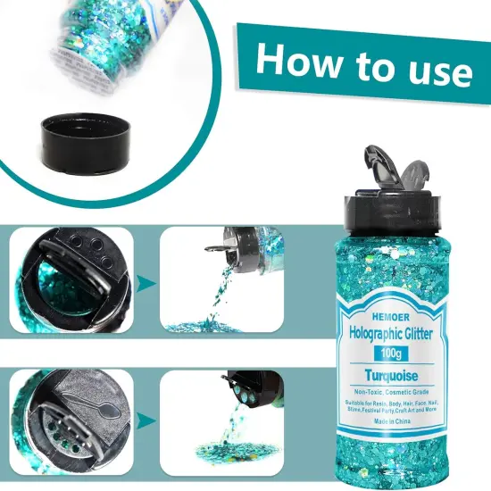 100g Holographic Chunky Glitter, Cosmetic Mixed Hexagon Chunky & Fine Craft Glitter Resin Sequins for Epoxy Glass, Resin Art, Body, Hair, Face, Nail, Slime, Tumbler, Festival Party - Turquoise {3}