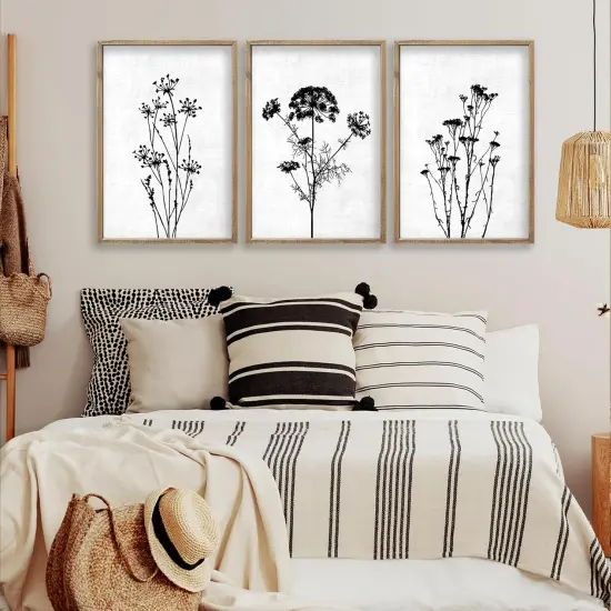 Summer Flower Plant Wall Decor 16"x11", Set of 3 Black and White Botanical Paintings, Wood Framed for Minimalist Bedroom, Office, and Rustic Living Room, Abstract Wildflower Hanging Sign (Wood White) {4}