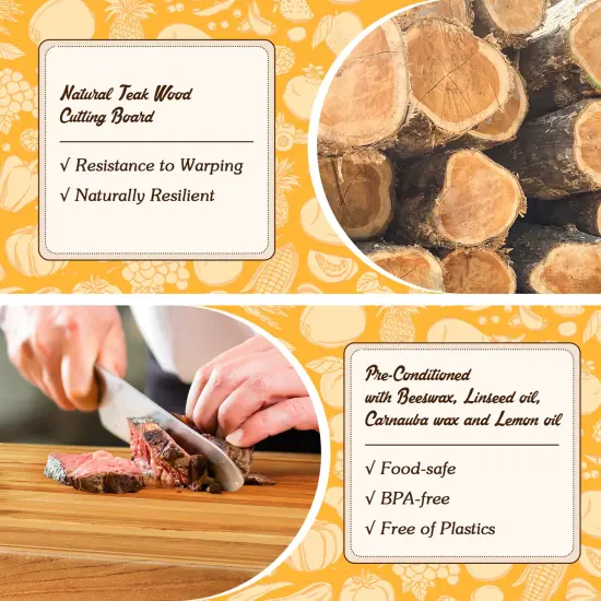 Teak Wood Cutting Board Extra Large Edge Grain Butcher Block with Handles, Reversible Design, Pre-Treated {6}