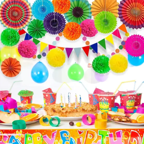 Cinco De Mayo Fiesta Party Decorations - Multi-Color Hanging Paper Fan, Tissue Paper Pom Poms, Circle Dots Garland, Triangle Pennant for Mexican Birthday Decorations {3}