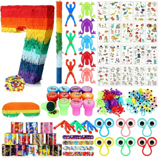 120 Pcs Rainbow Pi&ntilde;ata Set, Multicolor Birthday Party Pi&ntilde;ata with Blindfold Stick and Confetti Carnival Prize for 4th Anniversary Cinco De Mayo Fiesta Decor(Number 7) {1}