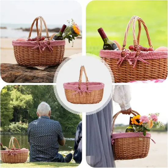 Wicker Picnic Basket with Double Folding Handles,Willow Picnic Hamper,Natural Hand Woven Basket, Basket,Bath Toy and Kids Toy Storage,Gift Packing Basket Red {3}