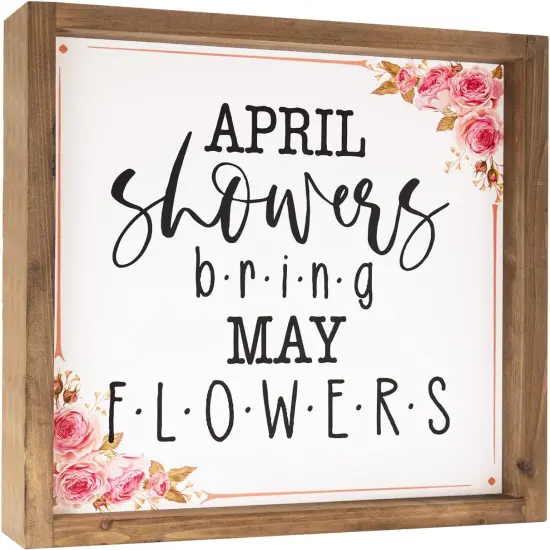 Spring Decorations For Home, 11.8 Inch Wooden April Showers Bring May Flowers Sign Decor, Indoor Wall Table Seasonal Decorative Signage {1}