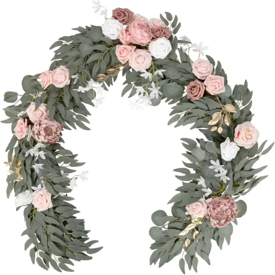 Pink Flower Garland 5.9ft Faux Eucalyptus and Rose Garland with Flowers for Wedding Centerpiece Table Decorations Flower Table Runner Sweetheart Table Decor（Blush Pink） {1}