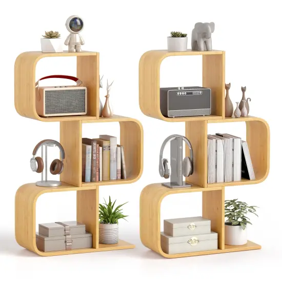 Costway 1/2 PCS 2 Tier S-Shaped Bookcase with 2 Open Cubes Geometric Corner Display Shelf {8}