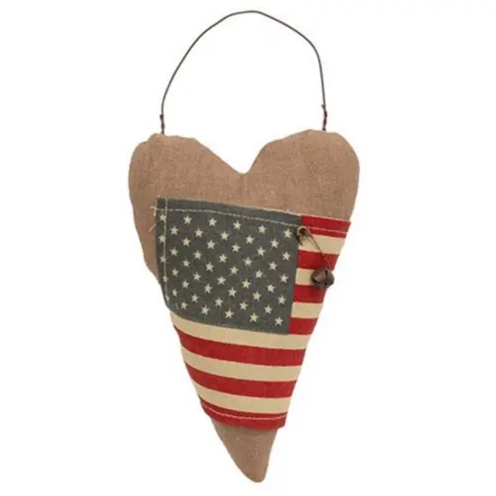 Primitive USA Flag Heart Ornament Rustic Taupe Linen Fabric with American Flag Patch {1}