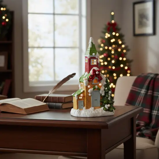 Northlight Pre-Lit Snow Covered Church Christmas Display - 21.25" - Multicolor LED Lights Green {3}