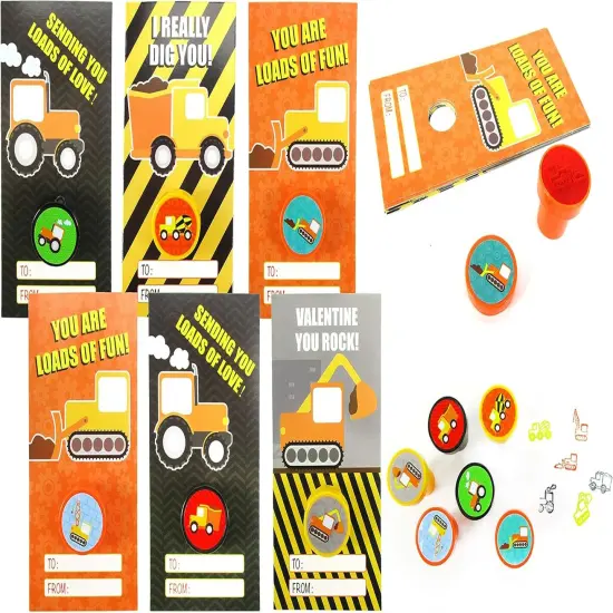 Tiny Mills 36 PACK Construction Valentine's Day Cards with Construction Stampers for Valentine's Day Classroom Exchange Party Favor Prizes {1}