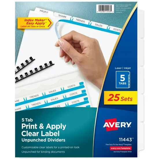 Avery 5 Tab Unpunched Dividers for Use with Any Binding System, Easy Print & Apply Clear Label Strip, Index Maker Customizable White Tabs, 25 Sets (11443) {1}