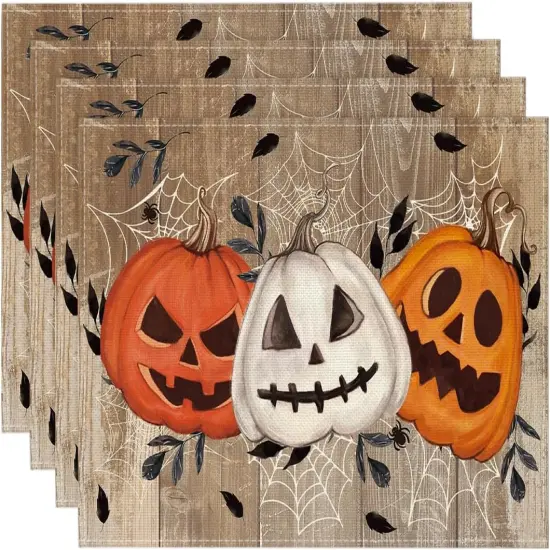 Set of 4 Pumpkins Spider Web Halloween Placemats - 12x18 Inch (Wood) {1}