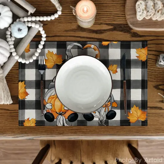 Set of 4 Buffalo Plaid Gnome Fall Placemats - 12x18 Inch {2}