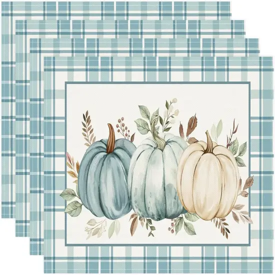 Set of 4 Blue Plaid Pumpkin Placemats - 12x18 Inch {1}