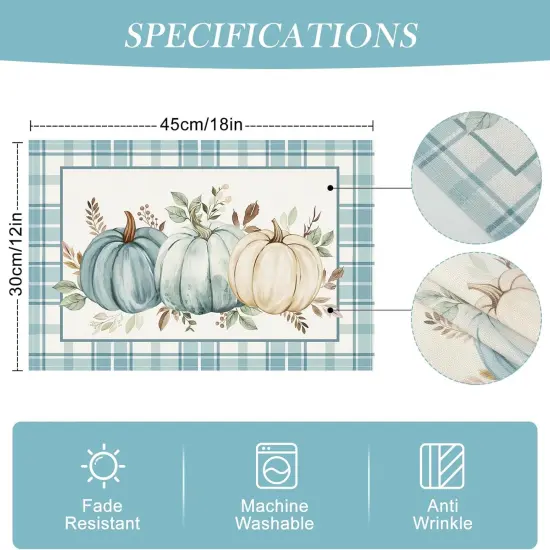 Set of 4 Blue Plaid Pumpkin Placemats - 12x18 Inch {5}