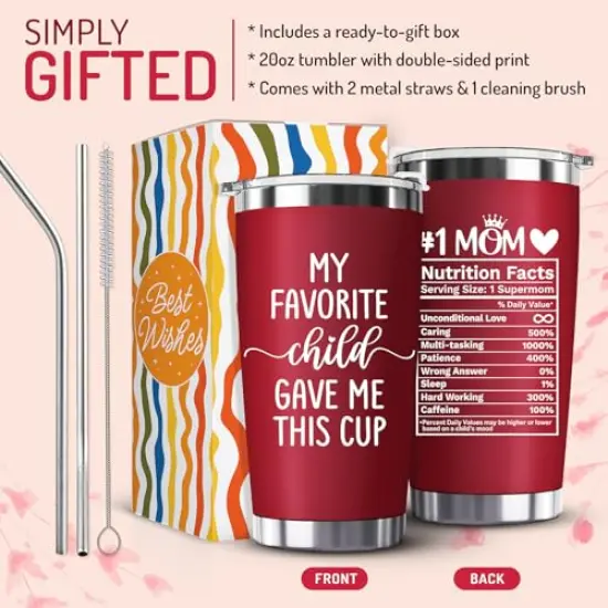 Mothers Day Gifts for Mom from Daughter, Son, Kids - Funny Mom Gift - Mama Coffee Cup My Favorite Child Gave Me This Cup - Birthday, Mothers Day, Christmas Gift Idea - 20oz Stainless Steel Red Tumbler {1}
