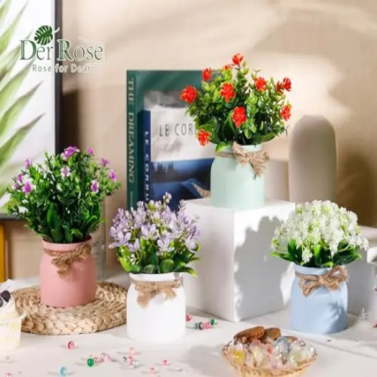 Der Rose 4 Pack Fake Flowers Small Artificial Faux Plants Indoor in Plastic Macaron Pot Spring Decor for Centerpiece Table Decorations Home Office Desk Decor {6}