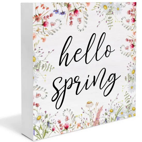 Spring Decor Farmhouse Desk Decorations Wooden Sign, Hello Spring Wood Plaque Block Sign Rustic Home Decor 5 x 5 Inches {1}