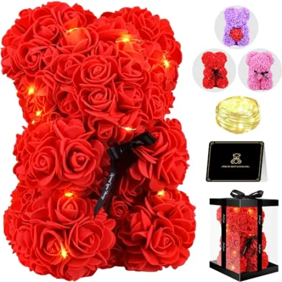 Otlonpe Bear Rose Flower, Mothers Day Flowers Gifts for Mom Wife Grandma Daughter Friends Sister Her, 9 inch Handmade Roses Led Light in Gifts Box, Womens Gifts for Birthday Christmas Valentines {1}