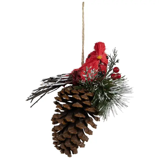 Northlight Woodland Cardinal Bird Perched on a Pinecone Frosted Christmas Ornament - 6.75" Red {7}