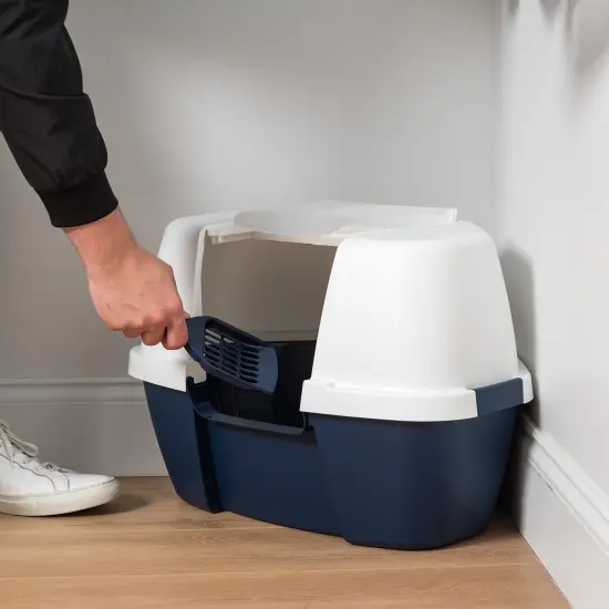 IRIS USA Large Hooded Corner Cat Litter Box with Scoop Navy {6}