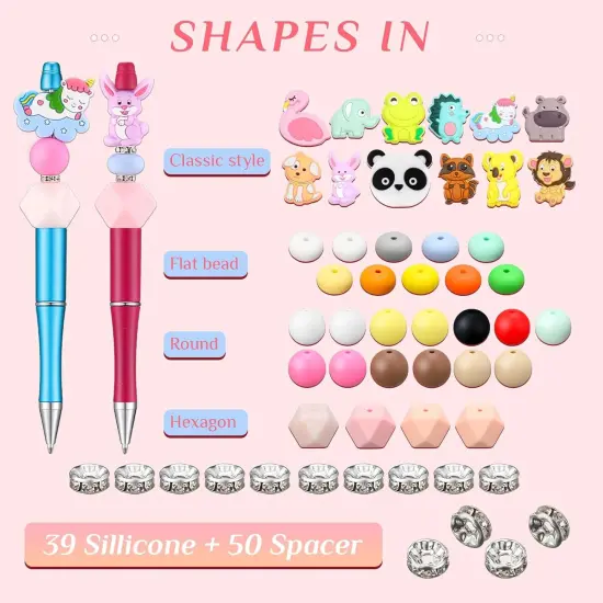 12 Pieces Beadable Pens Kit with Silicone Focal Beads, Animal Style, Black Ink, for DIY School Supplies Cute animal style {4}