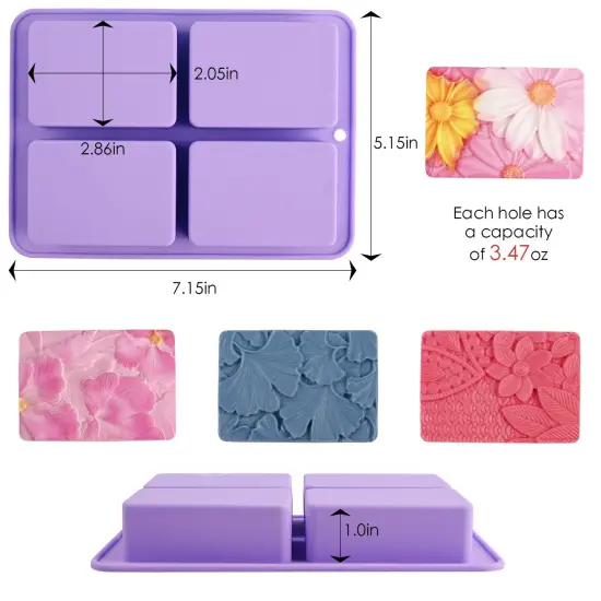 2 Pcs Flower Soap Molds Silicone-4 Cavities Rectangle Soap Mold 3oz,Flower Shapes Silicone Molds for Soap Bath Bombs Shower Steamer Lotion Bars {6}