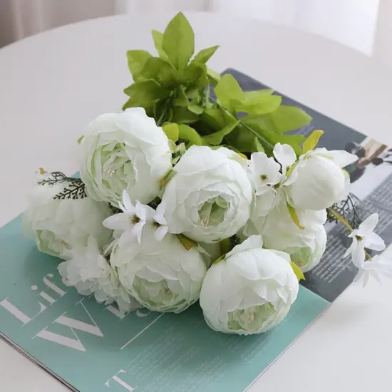 Silk Peony Bouquet White Artificial Peonies Fake Peony Flowers Wedding Table Centerpieces Home Office Decoration Floral Arrangements {2}