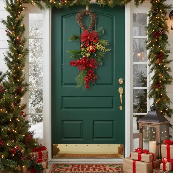 Northlight Bows, Berries and Ornaments Mixed Pine Artificial Christmas Teardrop Swag - 26" - Unlit Red {4}