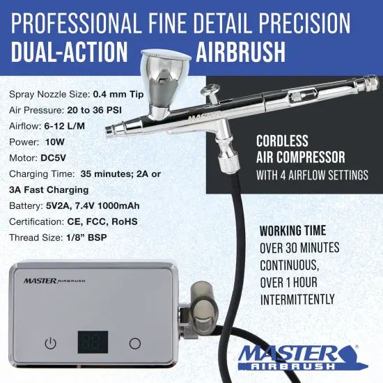 Master Airbrush Powerful Cordless Airbrushing System Kit - 20 to 36 PSI, Portable Rechargeable Air Compressor Professional Artist Set, How to Guide {2}