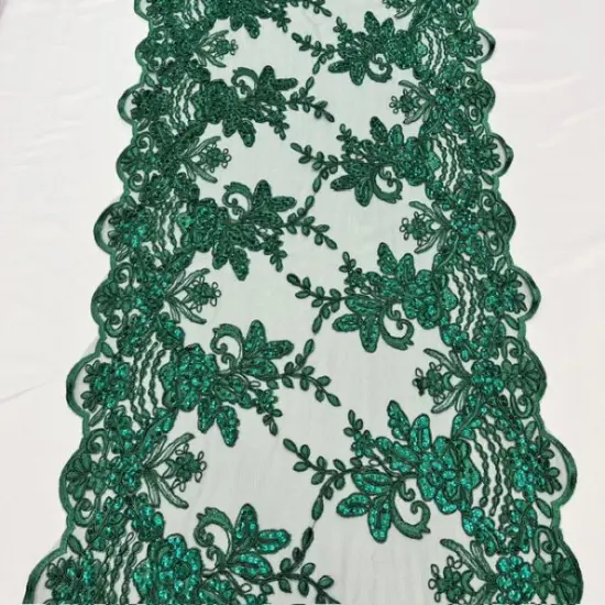 3 Yard Hunter Green Sequin Lace Fabric 100% Polyester Embroidered Mesh for Evening Gowns & Bridal Wear {1}