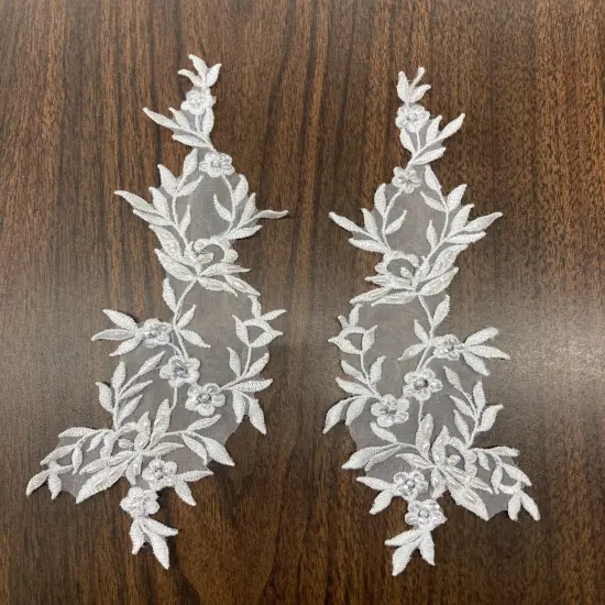 1 Pair Beaded Floral Lace Applique Embroidered on 100% Polyester Organza 10" x 2.5" Each Side Ivory {3}
