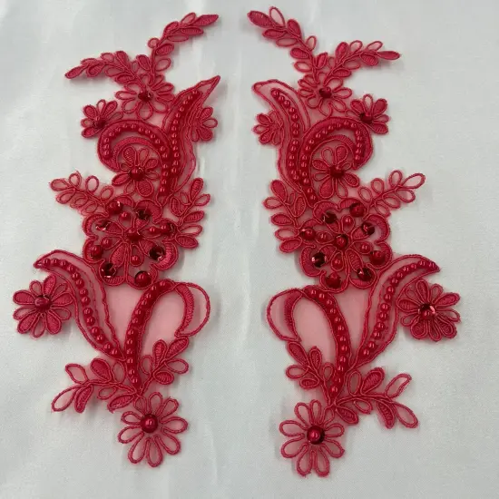 1 Pair Beaded & Corded Floral Lace Applique 9" x 2.5" Each Side Coral {1}