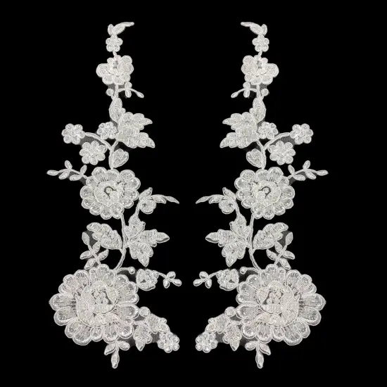 1 Pair Beaded & Corded Floral Lace 100% Polyester Net Mesh 13" x 3.5" Each Side IVORY {6}