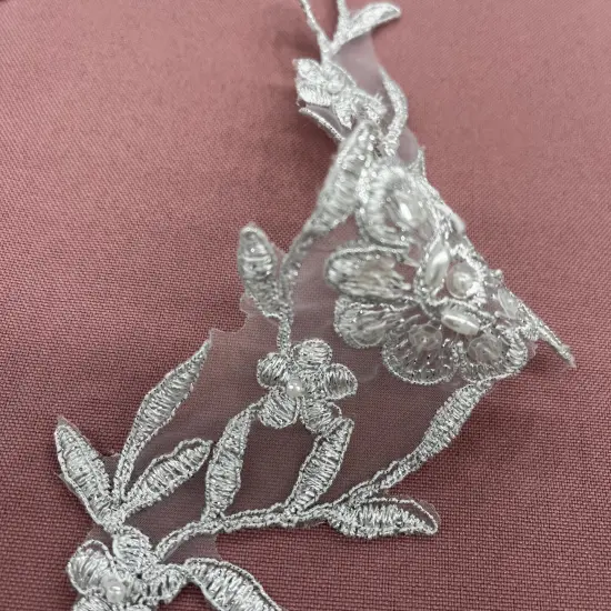 1 Pair Beaded & Corded Lace Applique Embroidered on 100% Polyester Organza 10" x 2" Each Side Antique Silver {4}