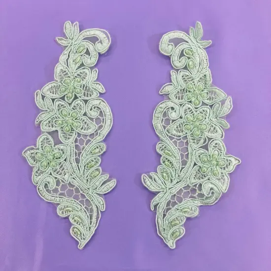 1 Pair Beaded Lace Applique Embroidered on 100% Polyester Organza 7" x 2.5" Each Side White {4}