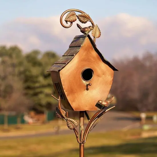Outdoor Birdhouse with Antique Copper Finish and 3-Prong Garden Stake {4}